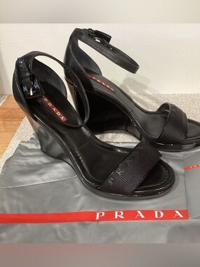 Prada Black Patent Leather Strap Wedge Sandal Size 35.5 US 5 1/2